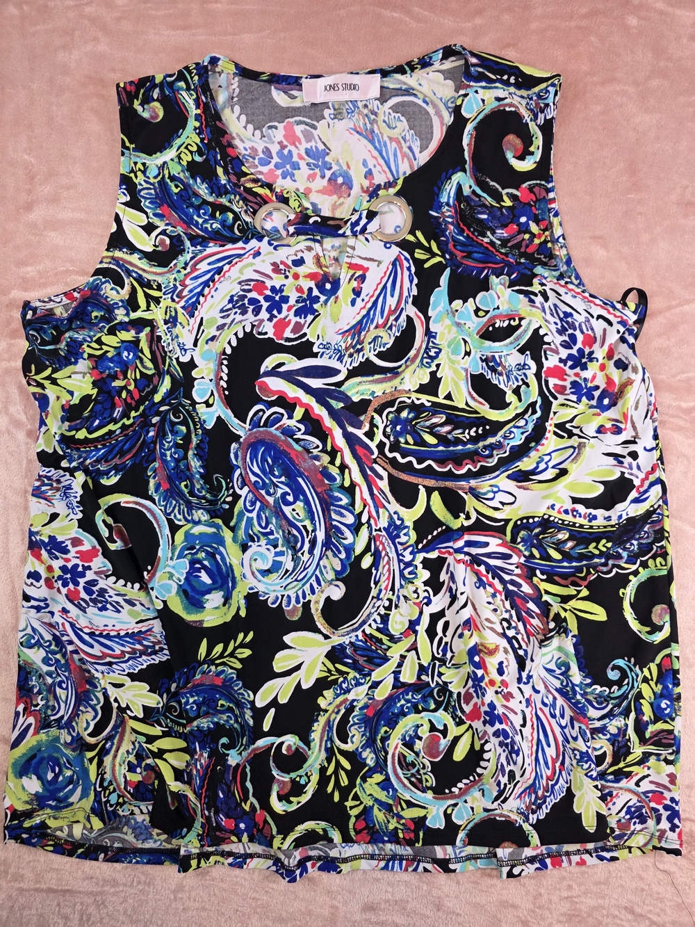 Jones Studio Black Multicolor Paisley Ring-Detail Sleeveless Tank